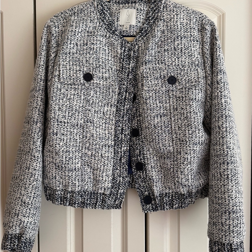 Joie White and Blue Bomber Jacket with Tweed Texture
